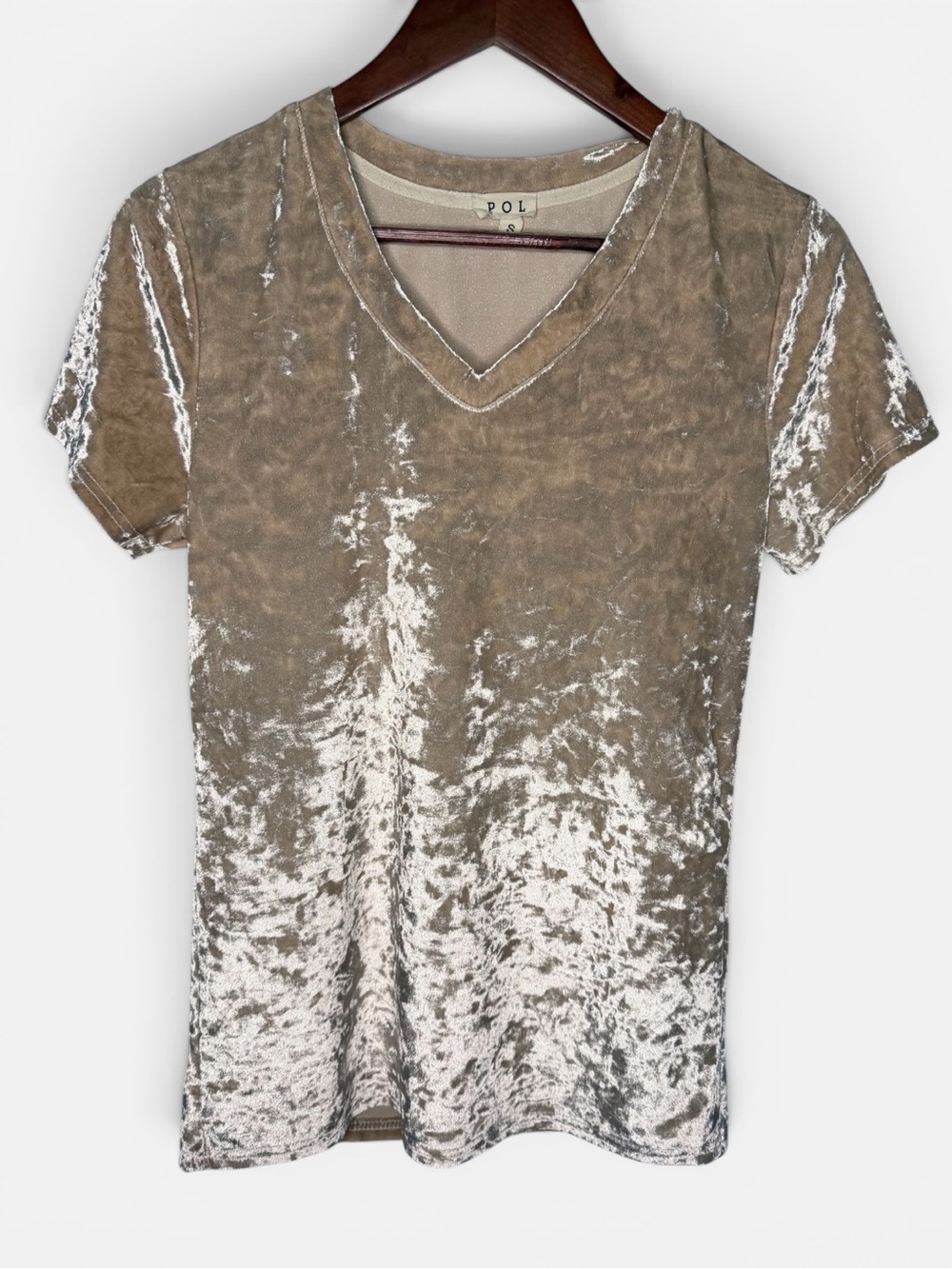 POL Crushed Velvet V-Neck Tee in Taupe/Champagne Soft Girl Y2K 90s | Size Small